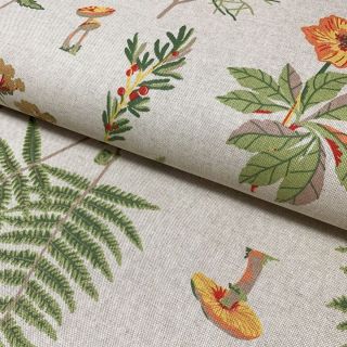 Decoration fabric Linenlook Fern leaf mushrooms