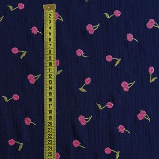 Dvojitá gázovina/mušelín EMBROIDERY Cherries navy