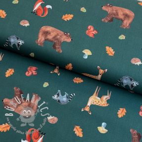 Tessuto di cotone Animals in the wood dark green digital print