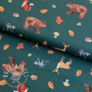 Tessuto di cotone Animals in the wood dark green digital print