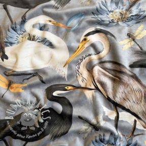 Tessuto decorativo VELVET Heron bird steel grey