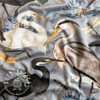 Tessuto decorativo VELVET Heron bird steel grey