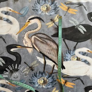 Tessuto decorativo VELVET Heron bird steel grey