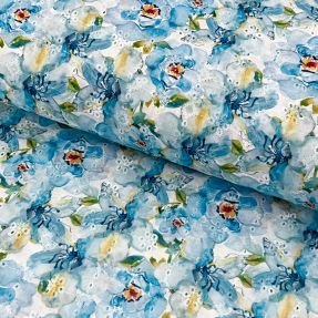 Tessuto di cotone EMBROIDERY Peony roses blue digital print