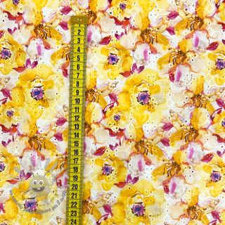 Tessuto di cotone EMBROIDERY Peony roses yellow digital print